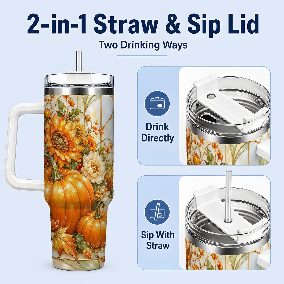 #pl[40oz|White] Autumn Pumpkin 40oz Tumbler, Sunflower and Fall Leaf Harvest Artwork
