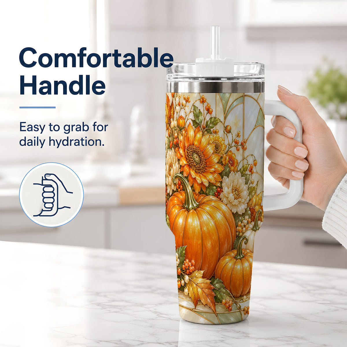 #pl[40oz|White] Autumn Pumpkin 40oz Tumbler, Sunflower and Fall Leaf Harvest Artwork
