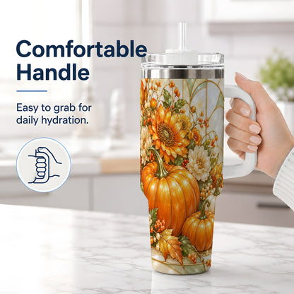 #pl[40oz|White] Autumn Pumpkin 40oz Tumbler, Sunflower and Fall Leaf Harvest Artwork
