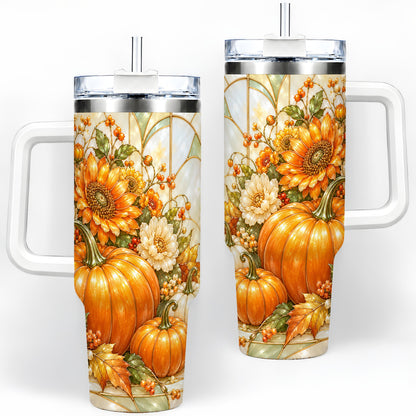 Autumn Pumpkin 40oz Tumbler, Sunflower and Fall Leaf Harvest Artwork