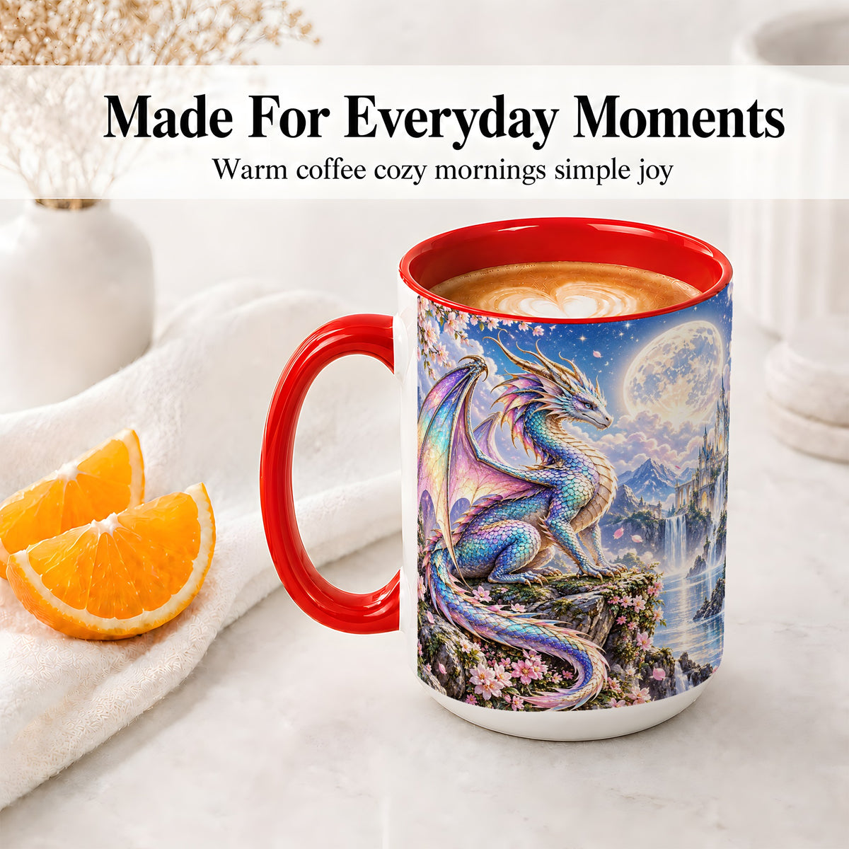 #pl[15oz|Red] Fantasy Dragon Ceramic Mug, Moon Castle Artwork for Dragon Fans