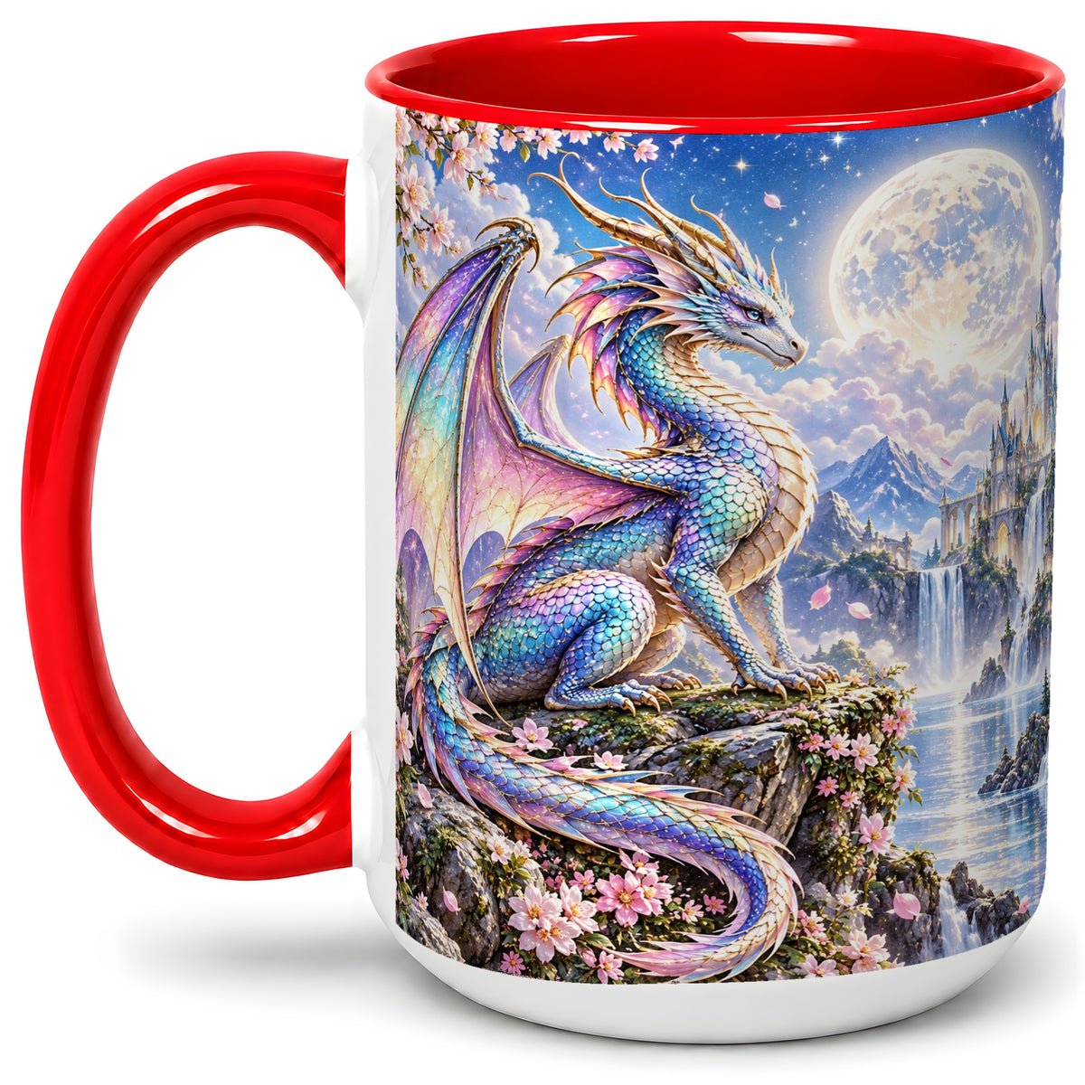 #pl[15oz|Red] Fantasy Dragon Ceramic Mug, Moon Castle Artwork for Dragon Fans