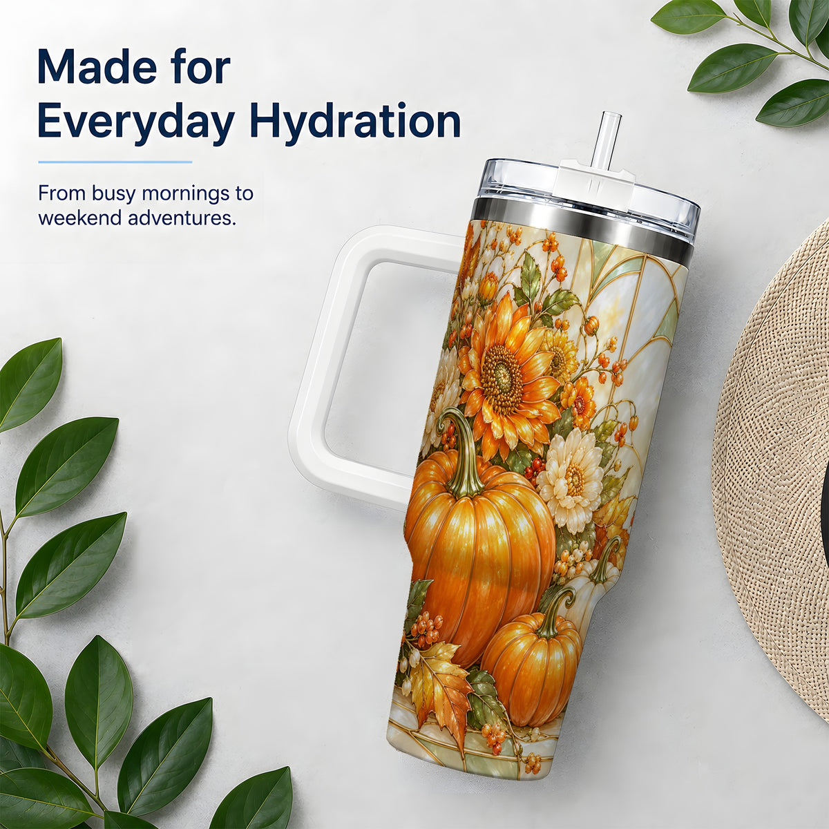 Autumn Pumpkin 40oz Tumbler, Sunflower and Fall Leaf Harvest Artwork