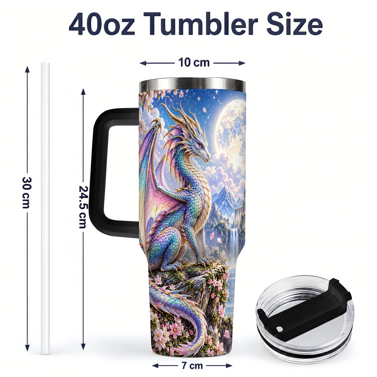 #pl[40oz|Black] Fantasy Dragon 40oz Tumbler, Moon Castle Artwork for Daily Use