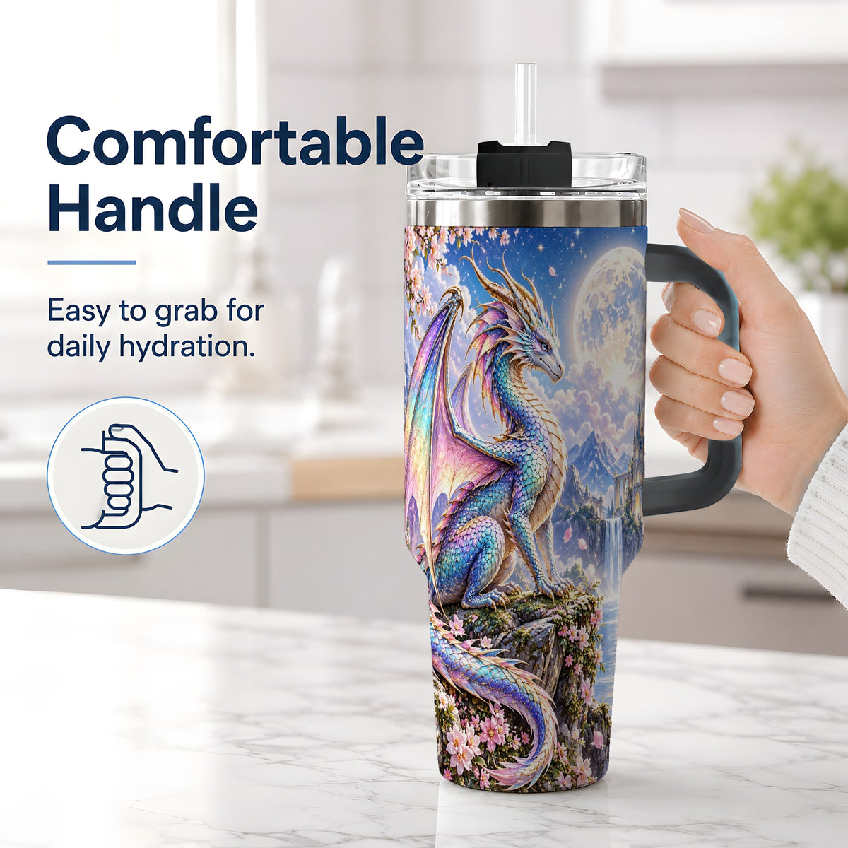 #pl[40oz|Black] Fantasy Dragon 40oz Tumbler, Moon Castle Artwork for Daily Use