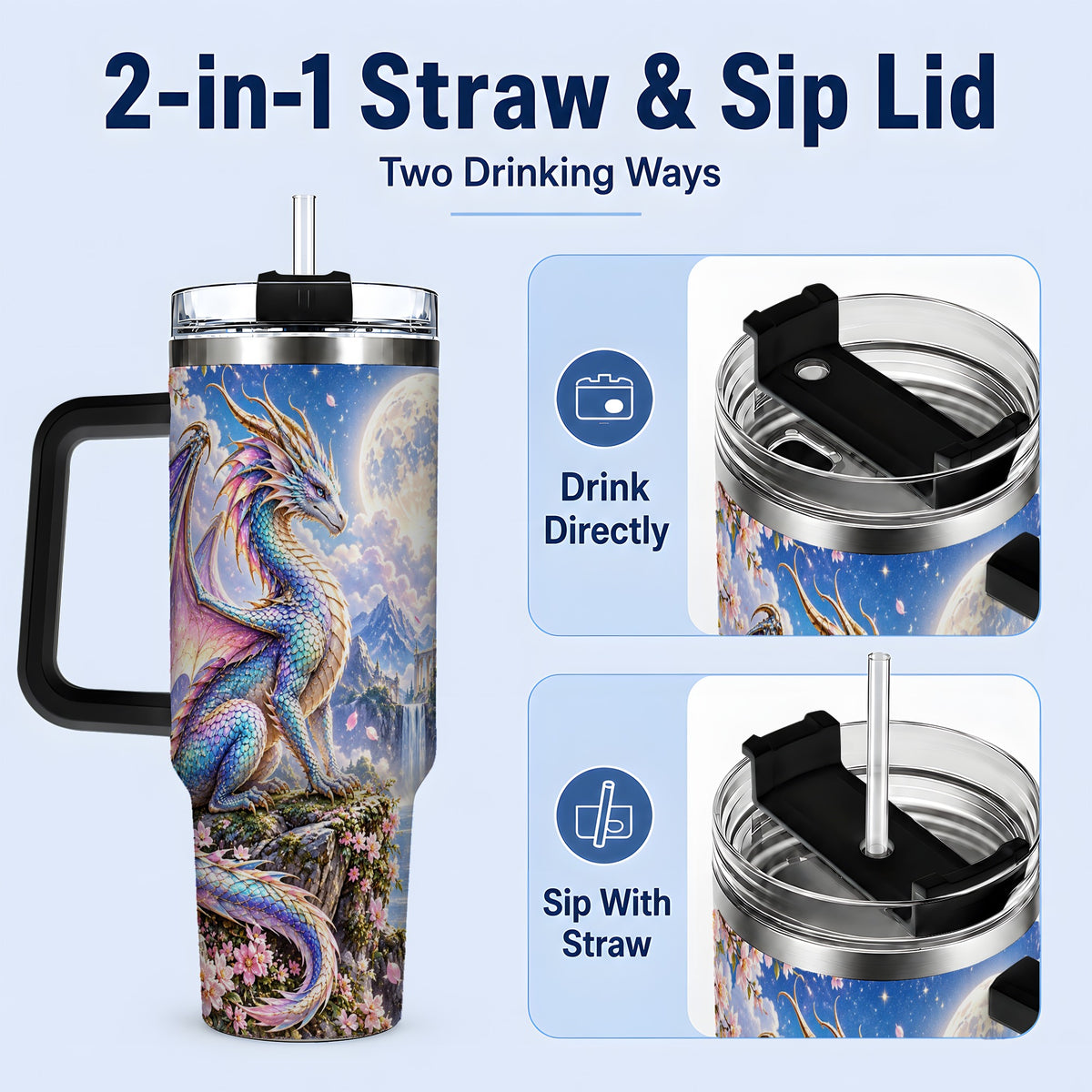 #pl[40oz|Black] Fantasy Dragon 40oz Tumbler, Moon Castle Artwork for Daily Use