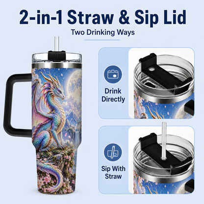 #pl[40oz|Black] Fantasy Dragon 40oz Tumbler, Moon Castle Artwork for Daily Use