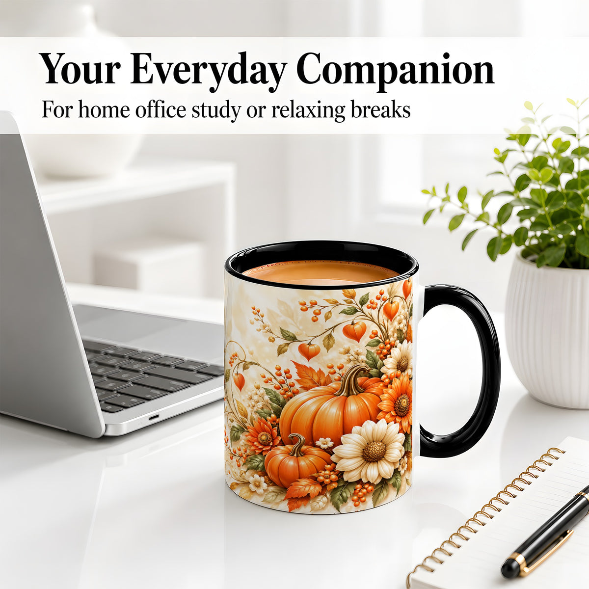 #pl[11oz|Black] Autumn Pumpkin Floral Ceramic Mug, Sunflower Harvest Artwork