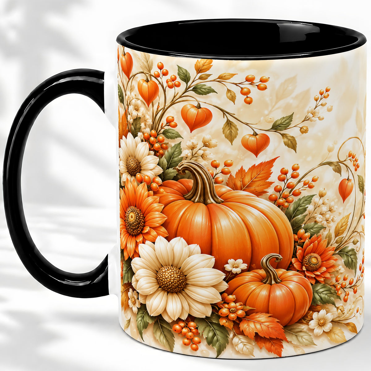 #pl[11oz|Black] Autumn Pumpkin Floral Ceramic Mug, Sunflower Harvest Artwork