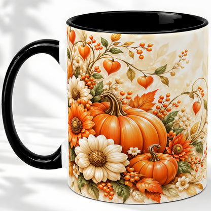 #pl[11oz|Black] Autumn Pumpkin Floral Ceramic Mug, Sunflower Harvest Artwork