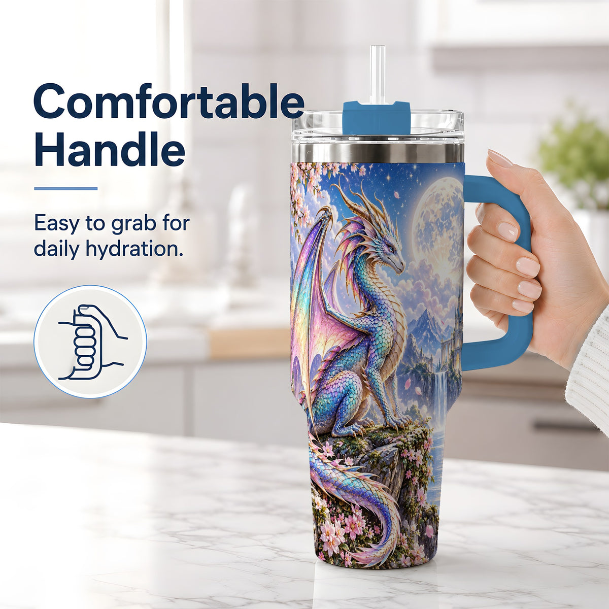 #pl[40oz|Blue] Fantasy Dragon 40oz Tumbler, Moon Castle Artwork for Daily Use