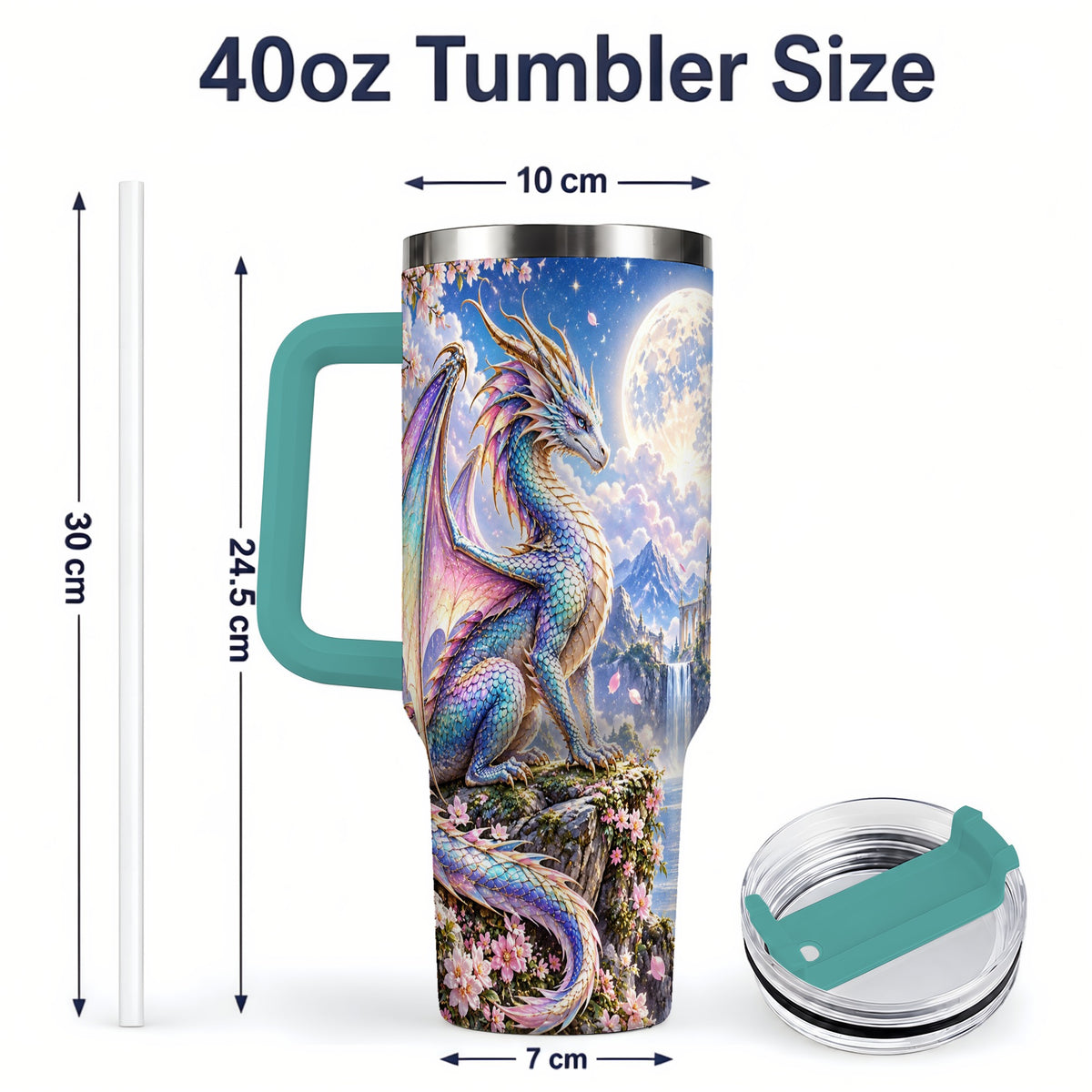 #pl[40oz|Green] Fantasy Dragon 40oz Tumbler, Moon Castle Artwork for Daily Use