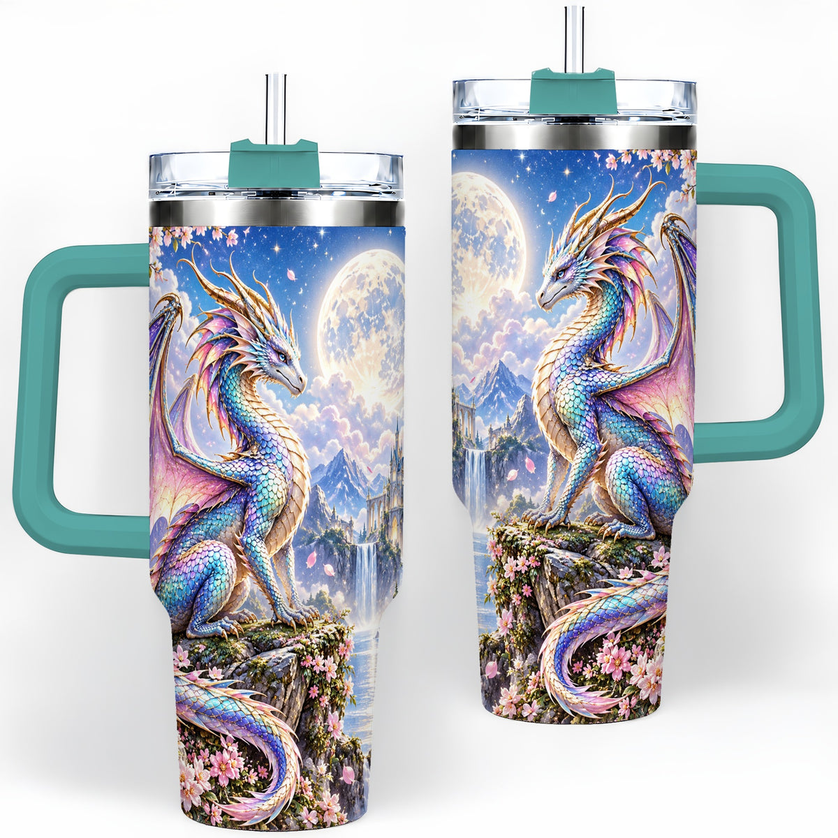 #pl[40oz|Green] Fantasy Dragon 40oz Tumbler, Moon Castle Artwork for Daily Use