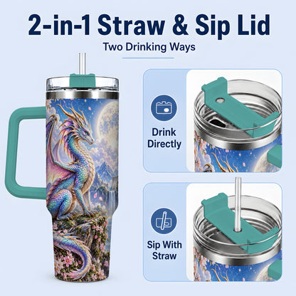 #pl[40oz|Green] Fantasy Dragon 40oz Tumbler, Moon Castle Artwork for Daily Use