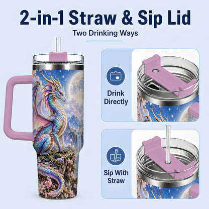 #pl[40oz|Pink] Fantasy Dragon 40oz Tumbler, Moon Castle Artwork for Daily Use