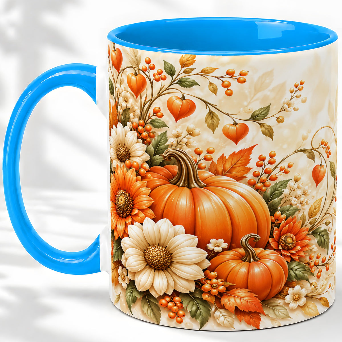 #pl[11oz|Blue] Autumn Pumpkin Floral Ceramic Mug, Sunflower Harvest Artwork
