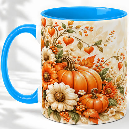 #pl[11oz|Blue] Autumn Pumpkin Floral Ceramic Mug, Sunflower Harvest Artwork