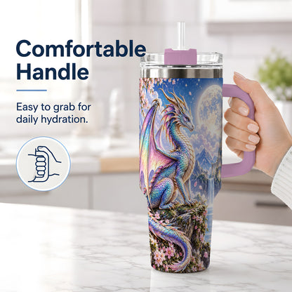 #pl[40oz|Pink] Fantasy Dragon 40oz Tumbler, Moon Castle Artwork for Daily Use