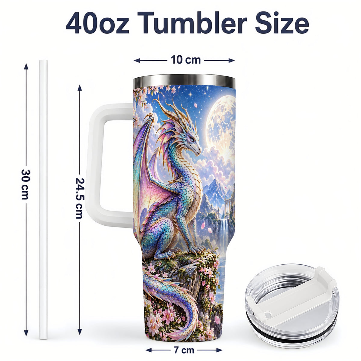 #pl[40oz|White] Fantasy Dragon 40oz Tumbler, Moon Castle Artwork for Daily Use