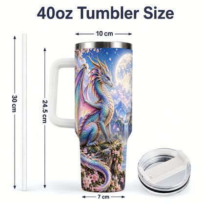 #pl[40oz|White] Fantasy Dragon 40oz Tumbler, Moon Castle Artwork for Daily Use