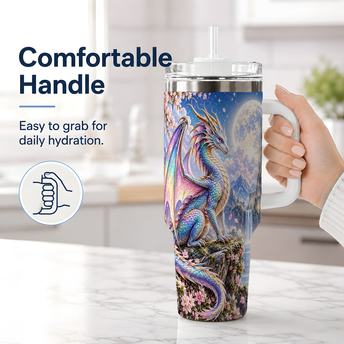 #pl[40oz|White] Fantasy Dragon 40oz Tumbler, Moon Castle Artwork for Daily Use