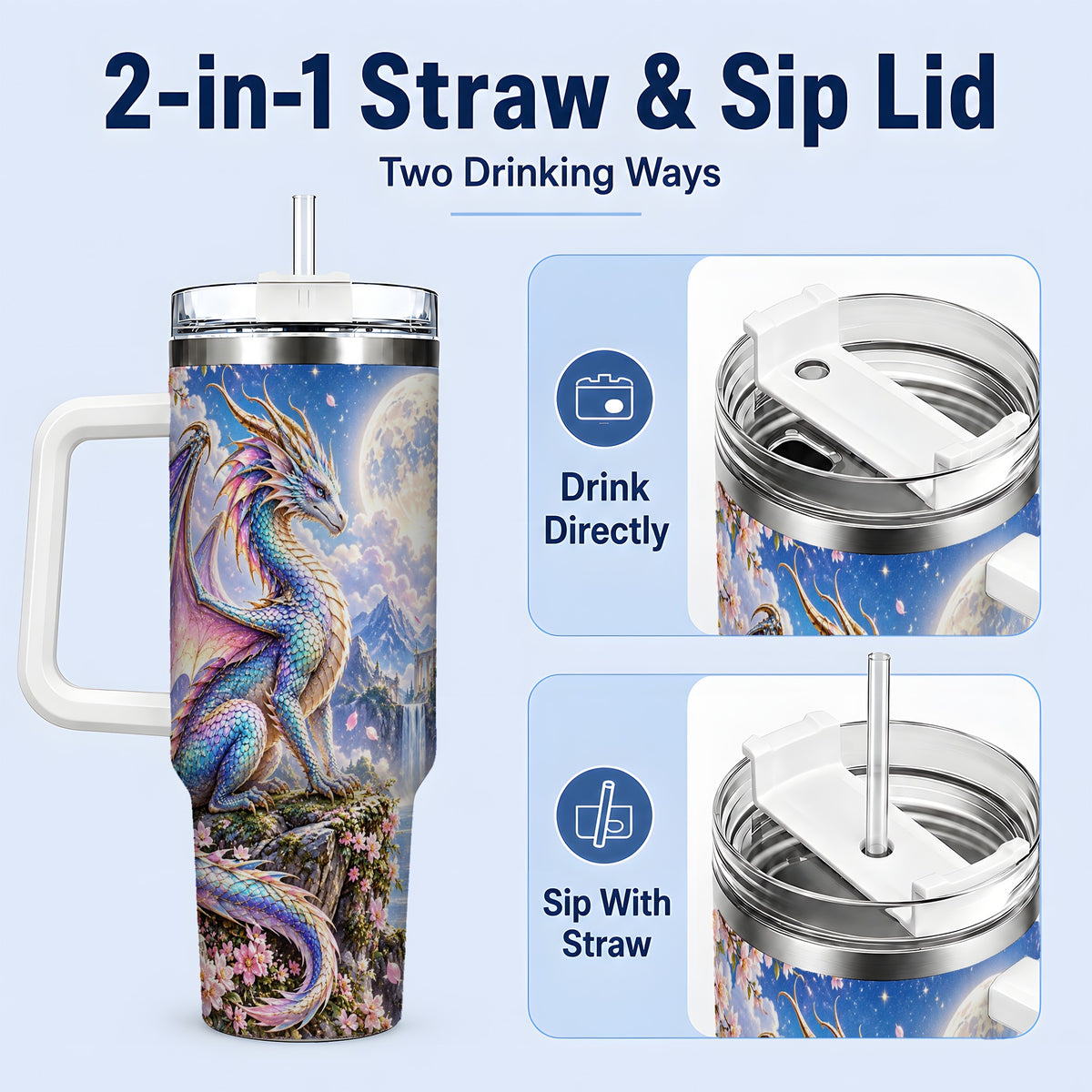#pl[40oz|White] Fantasy Dragon 40oz Tumbler, Moon Castle Artwork for Daily Use