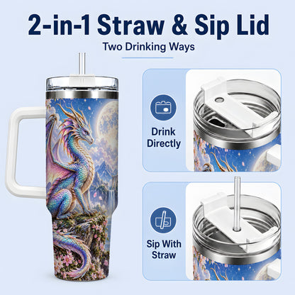 #pl[40oz|White] Fantasy Dragon 40oz Tumbler, Moon Castle Artwork for Daily Use