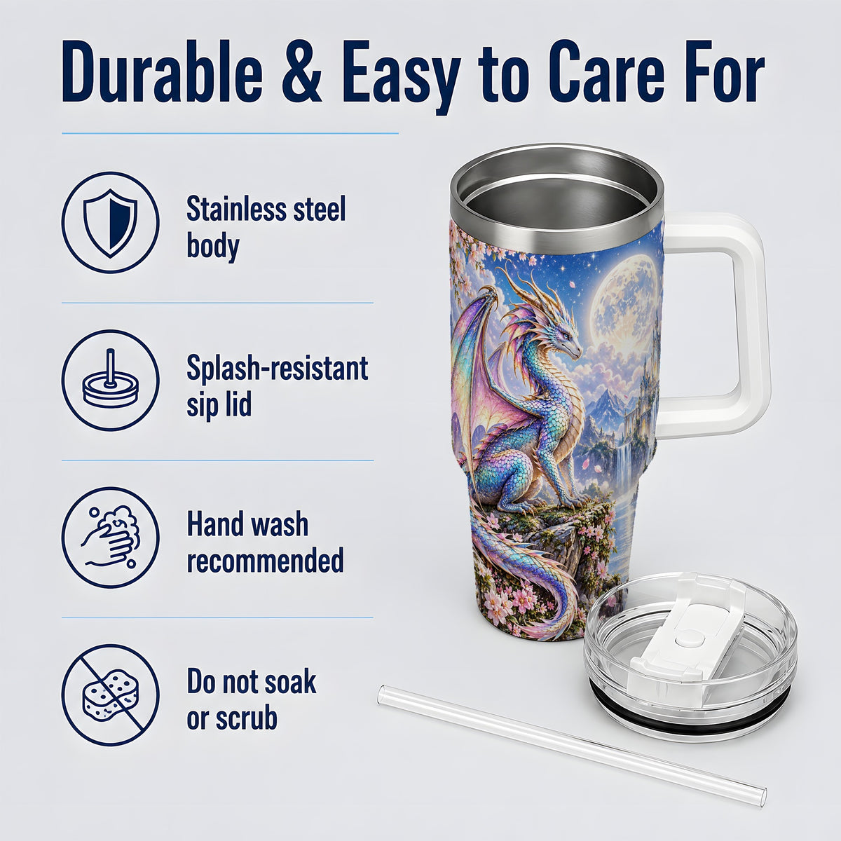 Fantasy Dragon 40oz Tumbler, Moon Castle Artwork for Daily Use