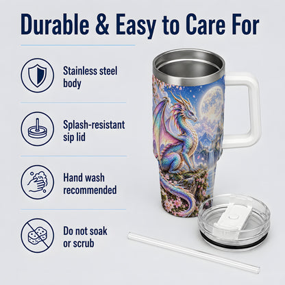 Fantasy Dragon 40oz Tumbler, Moon Castle Artwork for Daily Use