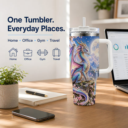 Fantasy Dragon 40oz Tumbler, Moon Castle Artwork for Daily Use