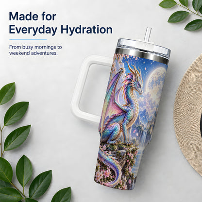 Fantasy Dragon 40oz Tumbler, Moon Castle Artwork for Daily Use