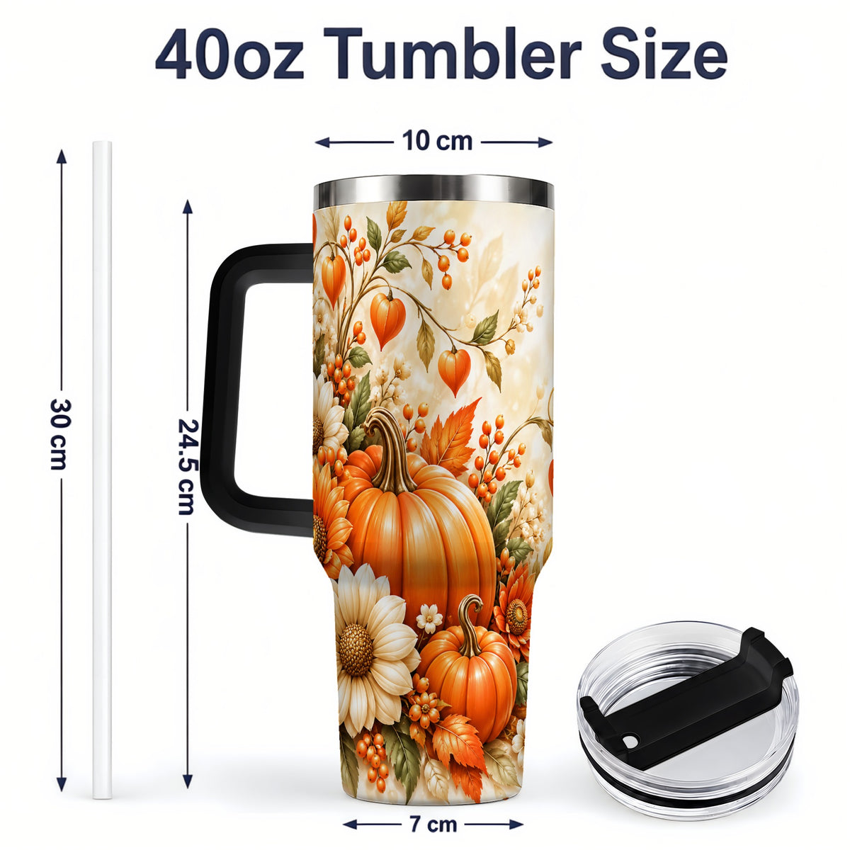 #pl[40oz|Black] Autumn Pumpkin Floral 40oz Tumbler, Sunflower Harvest Artwork