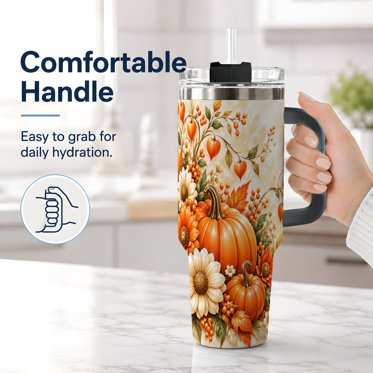 #pl[40oz|Black] Autumn Pumpkin Floral 40oz Tumbler, Sunflower Harvest Artwork