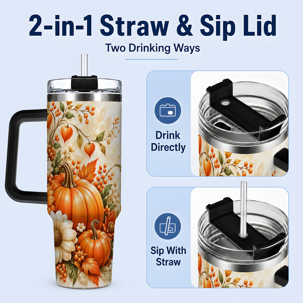 #pl[40oz|Black] Autumn Pumpkin Floral 40oz Tumbler, Sunflower Harvest Artwork