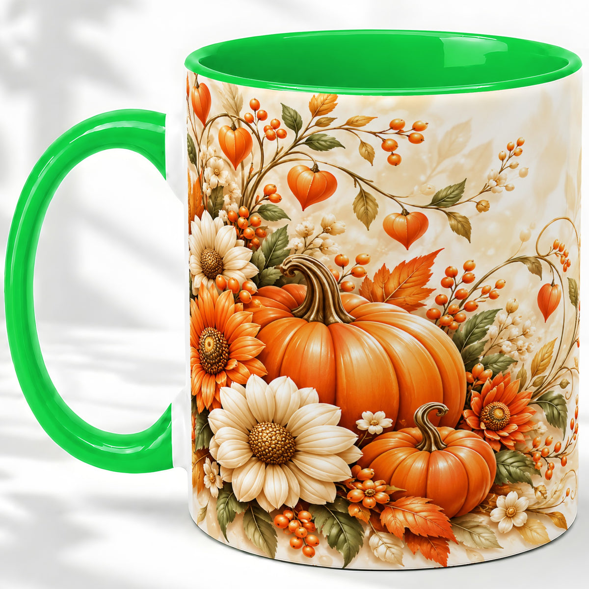 #pl[11oz|Green] Autumn Pumpkin Floral Ceramic Mug, Sunflower Harvest Artwork