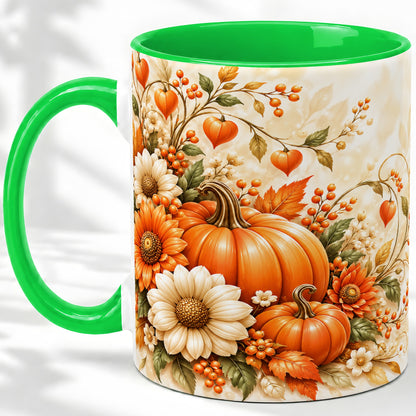 #pl[11oz|Green] Autumn Pumpkin Floral Ceramic Mug, Sunflower Harvest Artwork