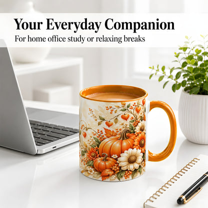 #pl[11oz|Orange] Autumn Pumpkin Floral Ceramic Mug, Sunflower Harvest Artwork
