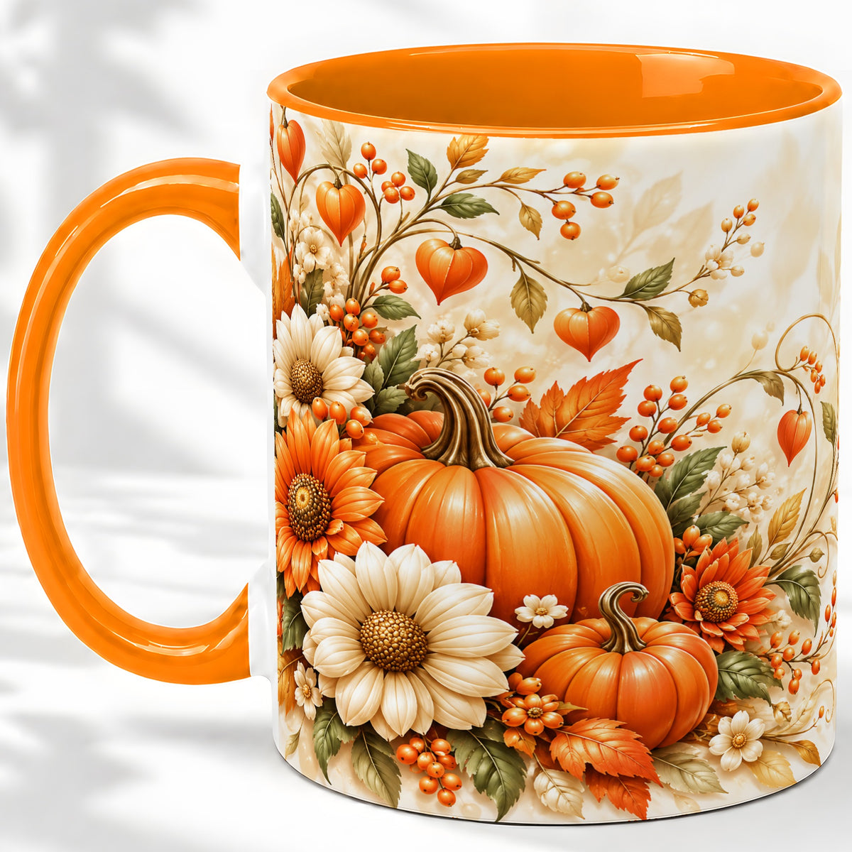 #pl[11oz|Orange] Autumn Pumpkin Floral Ceramic Mug, Sunflower Harvest Artwork