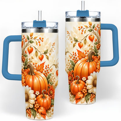 #pl[40oz|Blue] Autumn Pumpkin Floral 40oz Tumbler, Sunflower Harvest Artwork