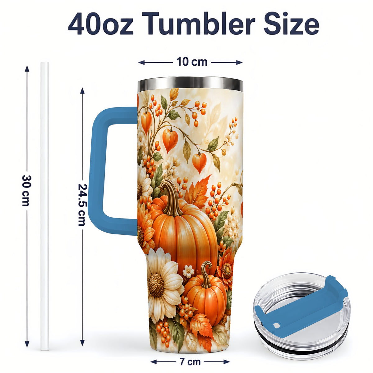 #pl[40oz|Blue] Autumn Pumpkin Floral 40oz Tumbler, Sunflower Harvest Artwork