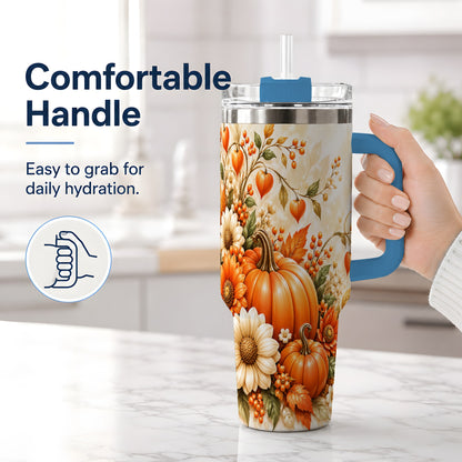#pl[40oz|Blue] Autumn Pumpkin Floral 40oz Tumbler, Sunflower Harvest Artwork