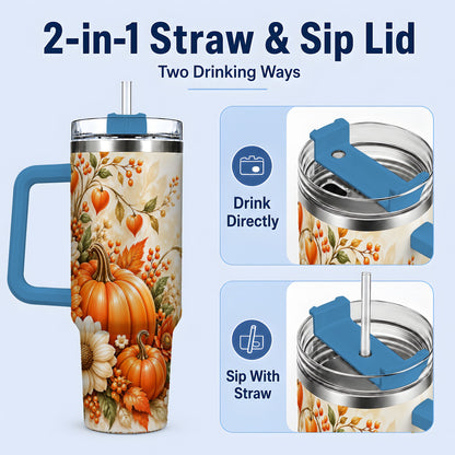 #pl[40oz|Blue] Autumn Pumpkin Floral 40oz Tumbler, Sunflower Harvest Artwork