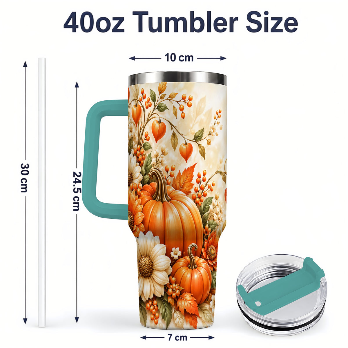 #pl[40oz|Green] Autumn Pumpkin Floral 40oz Tumbler, Sunflower Harvest Artwork