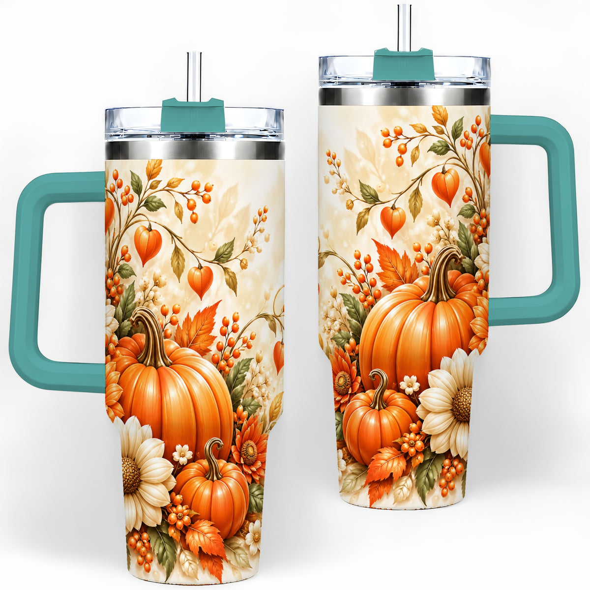 #pl[40oz|Green] Autumn Pumpkin Floral 40oz Tumbler, Sunflower Harvest Artwork