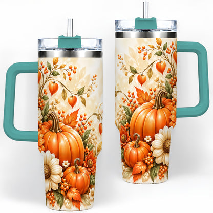 #pl[40oz|Green] Autumn Pumpkin Floral 40oz Tumbler, Sunflower Harvest Artwork