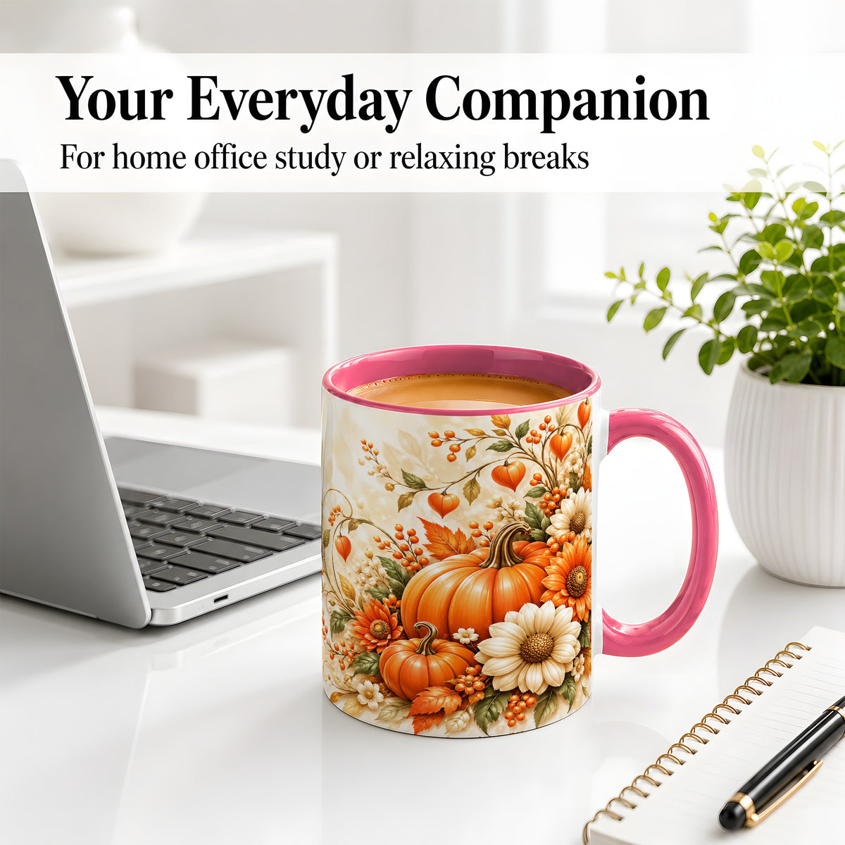 #pl[11oz|Pink] Autumn Pumpkin Floral Ceramic Mug, Sunflower Harvest Artwork