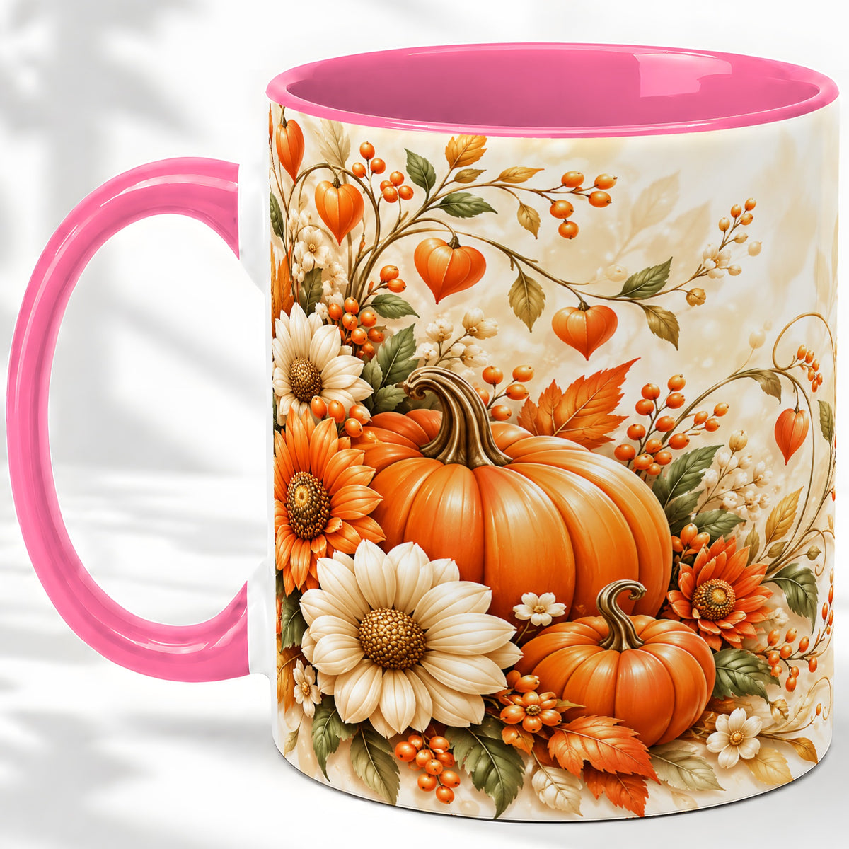 #pl[11oz|Pink] Autumn Pumpkin Floral Ceramic Mug, Sunflower Harvest Artwork