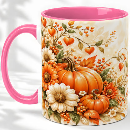 #pl[11oz|Pink] Autumn Pumpkin Floral Ceramic Mug, Sunflower Harvest Artwork