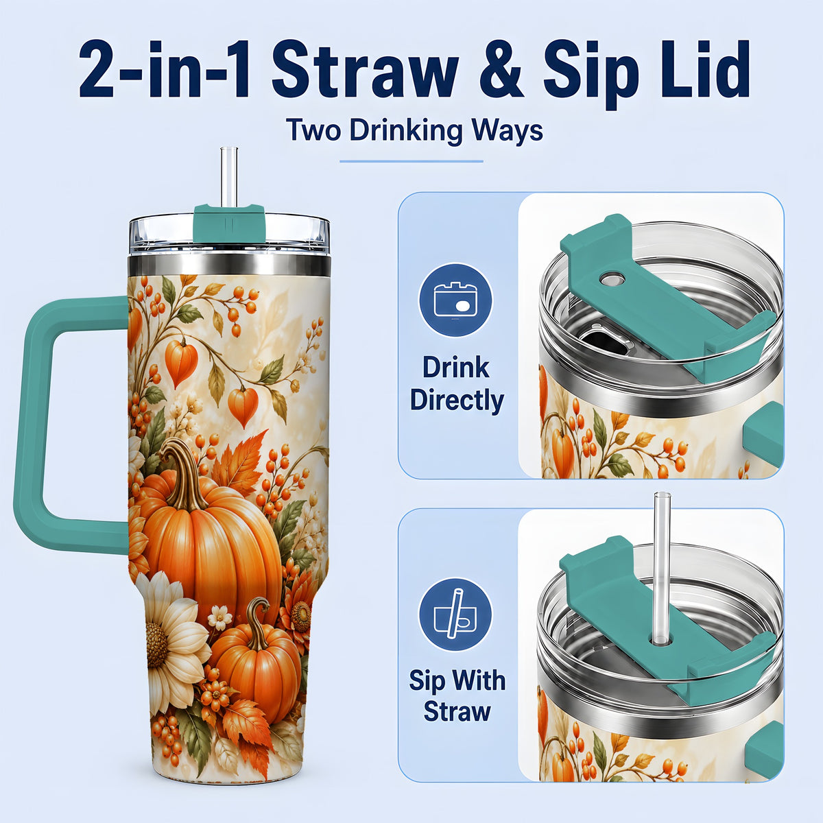 #pl[40oz|Green] Autumn Pumpkin Floral 40oz Tumbler, Sunflower Harvest Artwork