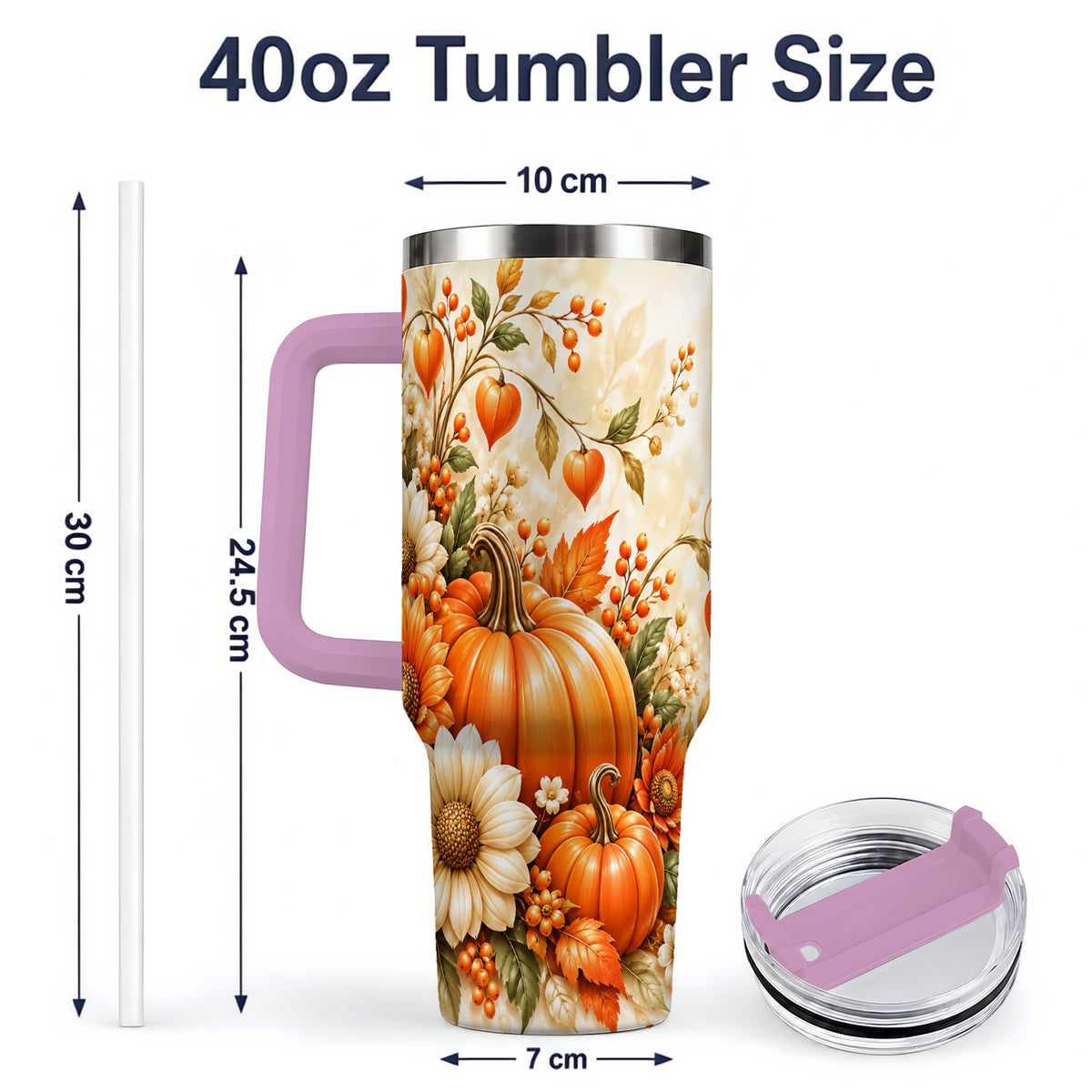 #pl[40oz|Pink] Autumn Pumpkin Floral 40oz Tumbler, Sunflower Harvest Artwork